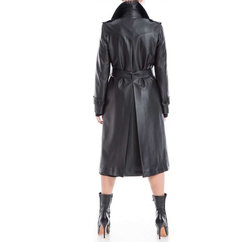 MAX STUDIO Faux Leather Black Long Double Breasted Belted Trench Coat XL - Picture 2 of 11